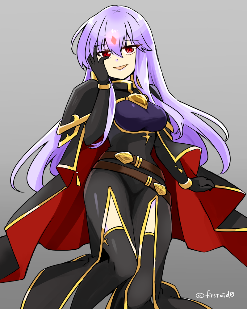 1girl alternate_costume arm_up armor belt breasts cape corruption dark_persona fire_emblem fire_emblem:_genealogy_of_the_holy_war forehead_jewel julia_(fire_emblem) long_hair medium_breasts mind_control multiple_belts nintendo open_mouth purple_hair red_eyes simple_background solo yukia_(firstaid0)
