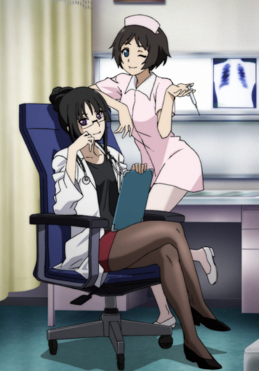 2girls black_hair doctor doctor_doom ga-rei ga-rei_zero glass hair_bun hat isayama_yomi long_hair medium_hair miniskirt multiple_girls nurse nurse_cap official_art sitting skirt tsuchimiya_kagura