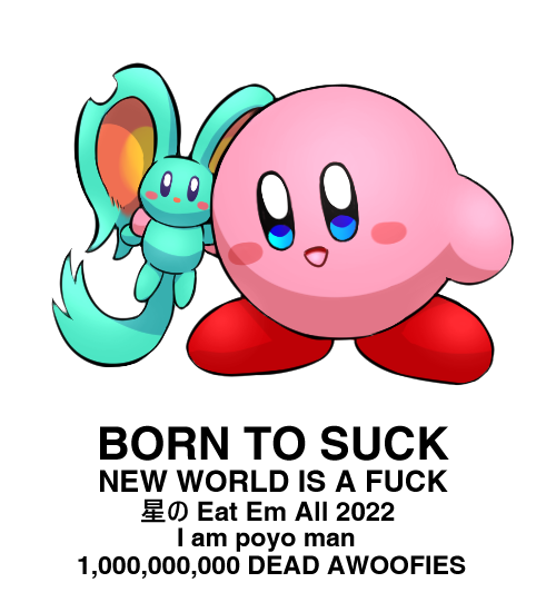 animal_ears blue_eyes blush_stickers born_to_die_world_is_a_fuck_(meme) drawfag elfilin kirby kirby_(series) kirby_and_the_forgotten_land looking_at_viewer meme mouse_ears nintendo no_humans profanity simple_background smile standing tail