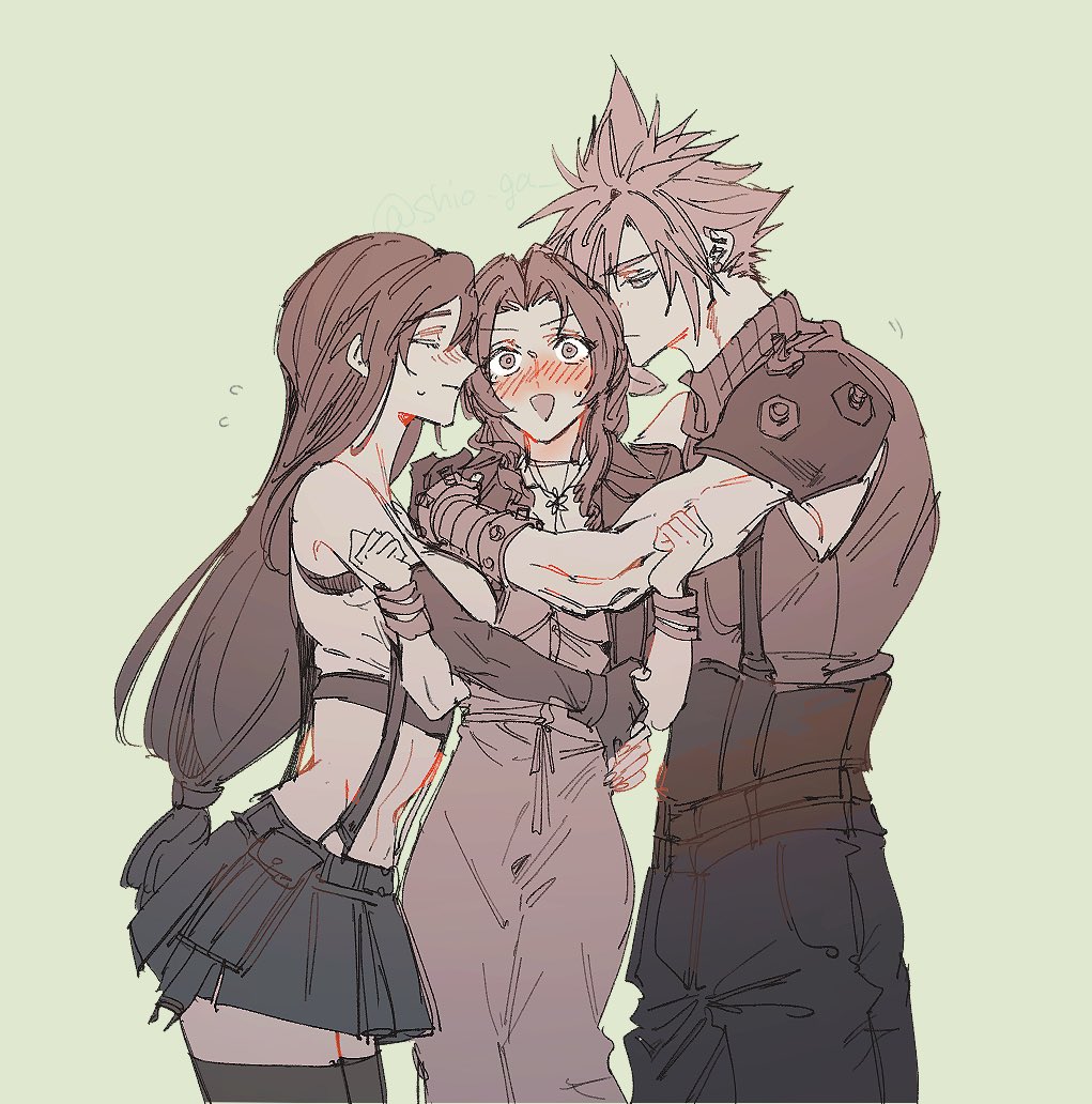 1boy 2girls aerith_gainsborough armor bandaged_arm bandages bare_shoulders belt black_bra black_gloves black_skirt black_thighhighs bra braid braided_ponytail breasts choker cleavage closed_eyes cloud_strife cowboy_shot crop_top cropped_jacket dress earrings elbow_gloves final_fantasy final_fantasy_vii final_fantasy_vii_rebirth final_fantasy_vii_remake flower_choker gloves hair_between_eyes hair_ribbon hair_tie holding_another&#039;s_arm holding_hands jewelry large_breasts light_blush long_dress long_hair looking_at_another low-tied_long_hair medium_breasts midriff miniskirt multiple_belts multiple_girls navel open_mouth parted_bangs pleated_skirt ribbon shio_ga shirt short_hair short_sleeves shoulder_armor sidelocks single_bare_shoulder single_braid single_earring single_shoulder_pad skirt sleeveless sleeveless_shirt sleeveless_turtleneck smile sports_bra suspenders thighhighs tifa_lockhart turtleneck underwear white_shirt yellow_background