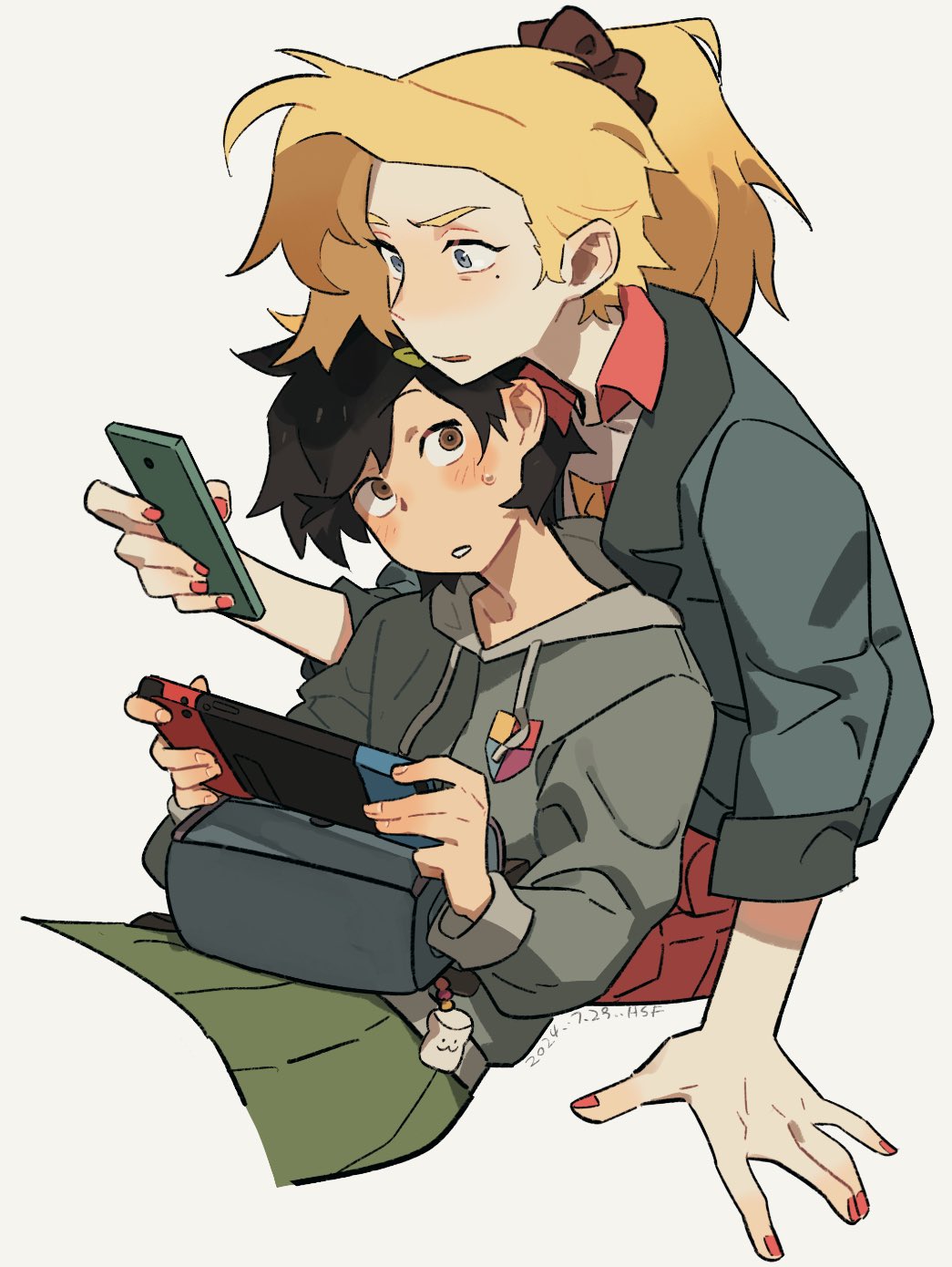 2girls amphibia arm_support asymmetrical_bangs bag black_hair blonde_hair blue_eyes blush brown_eyes cellphone cropped_legs green_skirt hair_ornament hair_scrunchie hairclip handheld_game_console highres holding holding_handheld_game_console holding_phone hood hoodie hsffff4444 jacket looking_at_another looking_at_object lying_on_person marcy_wu mole mole_under_eye multiple_girls nintendo_switch parted_lips phone pink_skirt pleated_skirt ponytail red_nails sasha_waybright school_uniform scrunchie short_hair sitting sjms_school_uniform skirt sleeves_rolled_up smartphone surprised sweatdrop teeth yuri