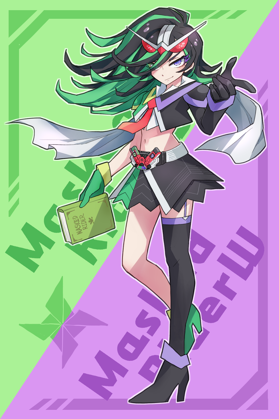 1girl black_hair book character_name cyclone-joker double_driver gaia_memory genderswap genderswap_(mtf) green_eyes green_hair heterochromia highres holding holding_book kamen_rider kamen_rider_double kamen_rider_w multicolored_hair necktie personification purple_eyes red_necktie rider-tan rider_belt two-tone_hair watakei_(16161717)