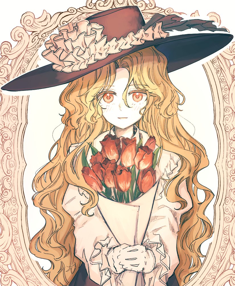 1girl blonde_hair boutique brown_dress brown_hat closed_mouth commentary_request dolls_in_pseudo_paradise dress feathers fedora flower frilled_hat frilled_shirt_collar frilled_sleeves frills green_feathers hat hat_feather jacket_girl_(dipp) long_hair long_sleeves looking_at_viewer orange_eyes red_flower red_rose rose shirt solo touhou upper_body uzumibi very_long_hair wavy_hair white_shirt
