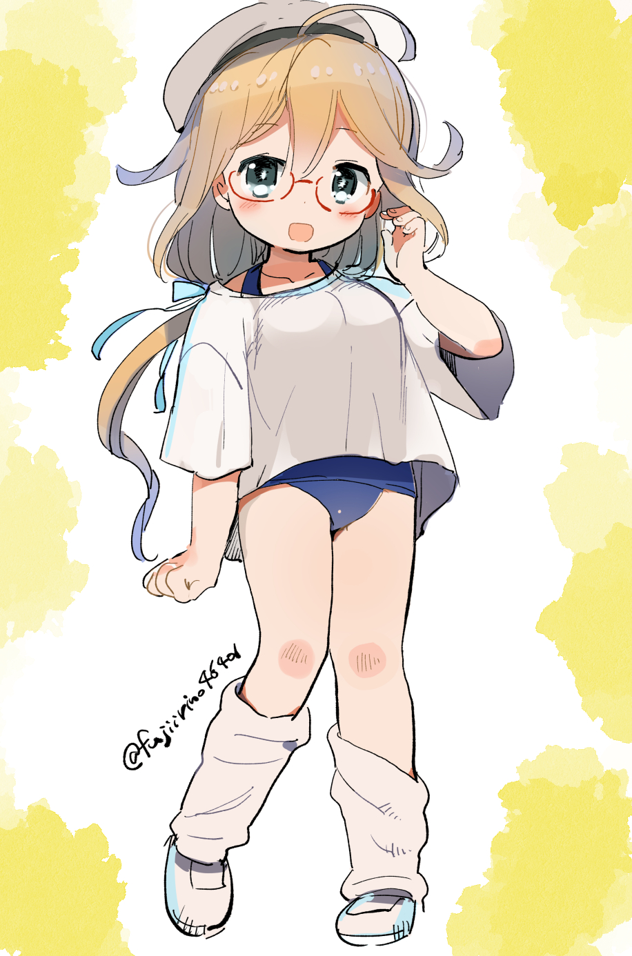 1girl alternate_legwear blonde_hair blue_eyes blush breasts clover_background fujii_rino full_body glasses hair_ribbon hat highres i-8_(kancolle) kantai_collection leg_warmers looking_at_viewer low_twintails one-piece_swimsuit open_mouth peaked_cap red-framed_eyewear ribbon sailor_hat school_swimsuit semi-rimless_eyewear shirt shoes smile socks swimsuit swimsuit_under_clothes twintails under-rim_eyewear white_shirt white_socks yellow_background