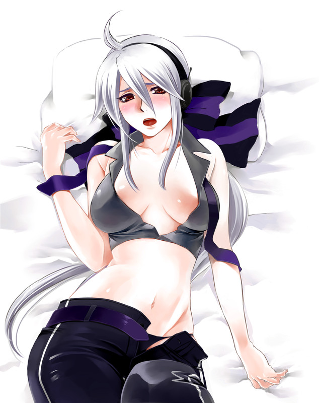 1girl blouse blush breasts cleavage female_focus grey_shirt large_breasts long_hair looking_at_viewer lying navel open_mouth ponytail red_eyes shirt silver_hair solo toyu unzipped vocaloid yowane_haku