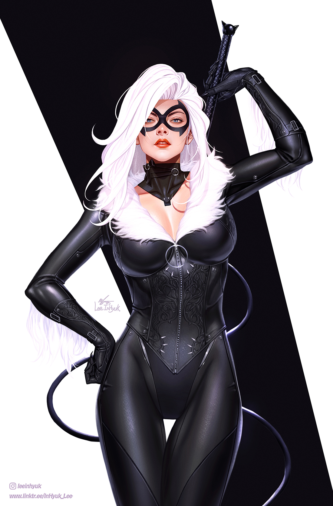 1girl black_bodysuit black_cat_(marvel) black_mask bodysuit breasts cleavage domino_mask eye_mask felicia_hardy fur-trimmed_bodysuit highres holding holding_whip in-hyuk_lee large_breasts latex latex_bodysuit looking_at_viewer marvel mask official_art parted_lips realistic solo spider-man_(series) superhero_costume thigh_gap whip white_hair zipper zipper_pull_tab