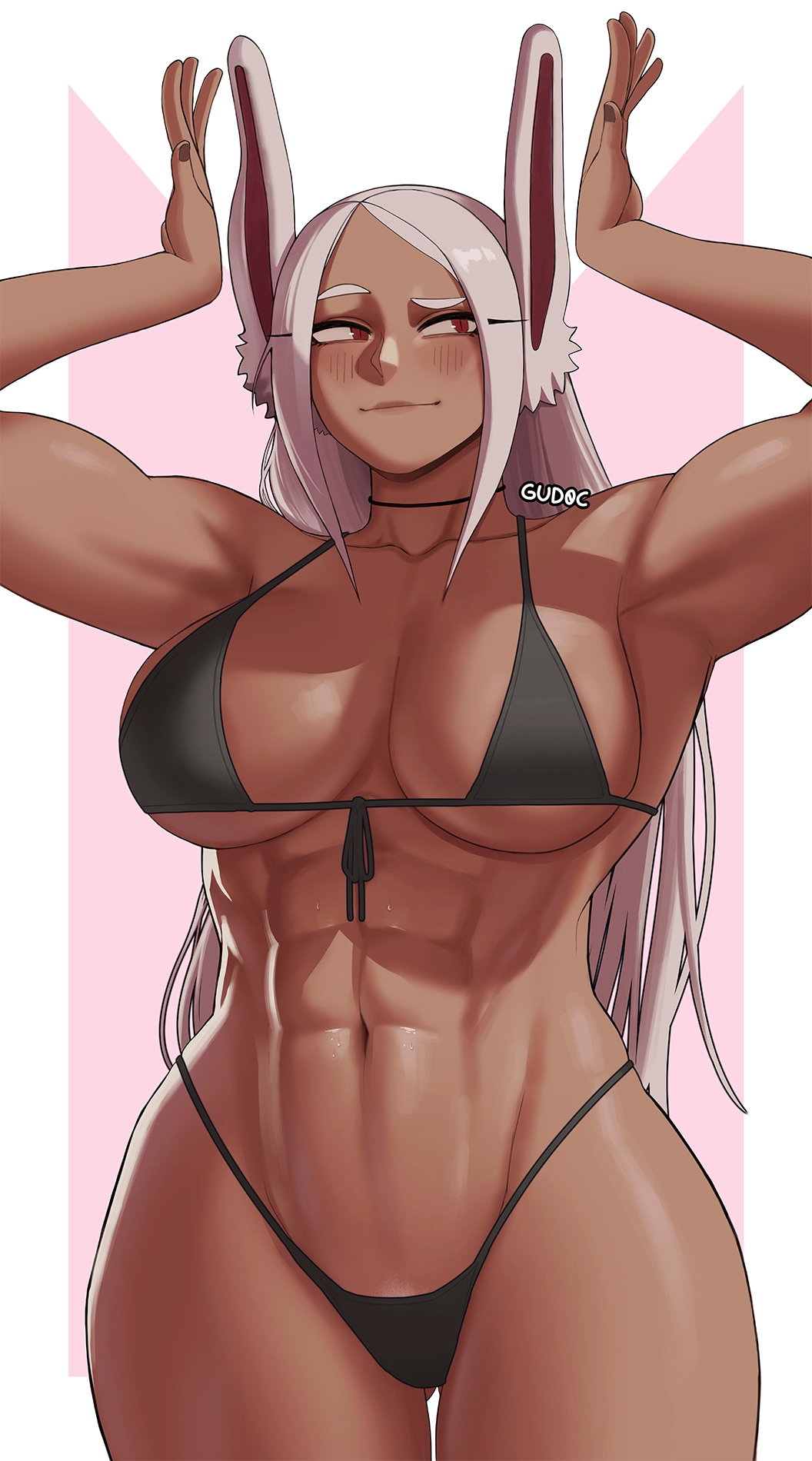 1girl abs animal_ears armpits artist_name bikini black_bikini black_choker blush boku_no_hero_academia breasts choker cleavage closed_mouth collarbone commentary dark-skinned_female dark_skin english_commentary female_focus front-tie_bikini_top front-tie_top gluteal_fold gud0c hands_up highleg highleg_bikini highres large_breasts long_eyelashes long_hair looking_to_the_side mirko navel parted_bangs rabbit_ears rabbit_girl rabbit_pose red_eyes smile solo standing stomach swimsuit thick_thighs thigh_gap thighs toned toned_female underboob very_long_hair white_hair