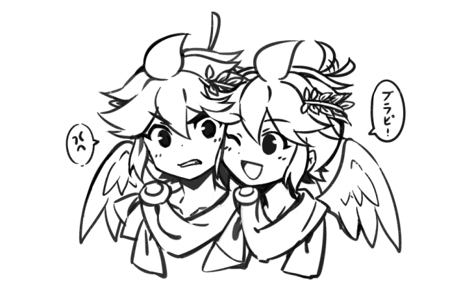 2boys ahoge angel_wings anger_vein angry chibi dark_pit kid_icarus kid_icarus_uprising laurel_crown male_focus multiple_boys nintendo one_eye_closed pit_(kid_icarus) scarf siblings spoken_anger_vein translation_request twins white_background wings wusagi2