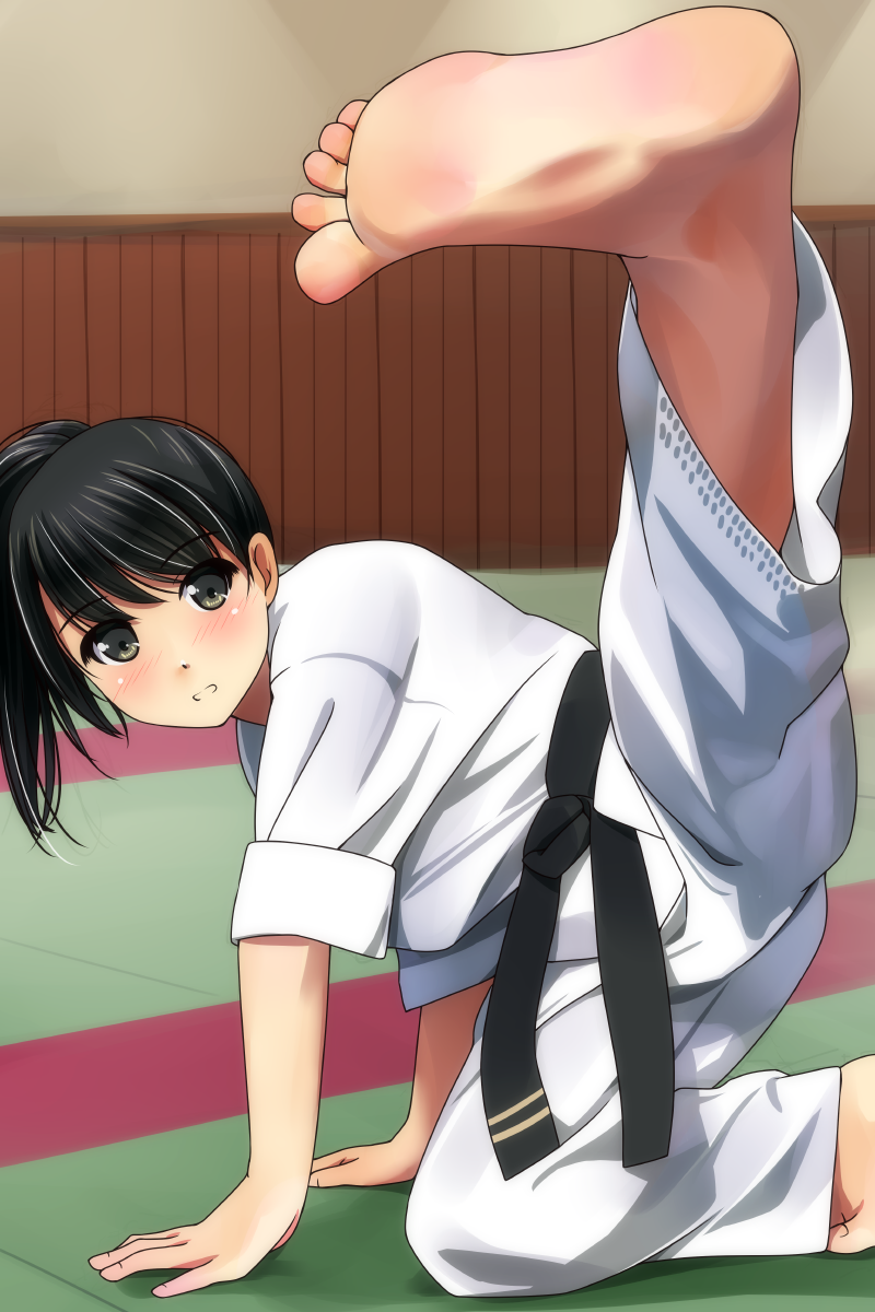 1girl arm_support barefoot belt black_belt black_hair blush dougi feet female_focus foot_focus foreshortening green_eyes highres indoors judo kicking leg_up legs_apart looking_at_viewer martial_arts_belt matsunaga_kouyou open_mouth original outstretched_leg ponytail short_hair short_sleeves soles solo tareme toes
