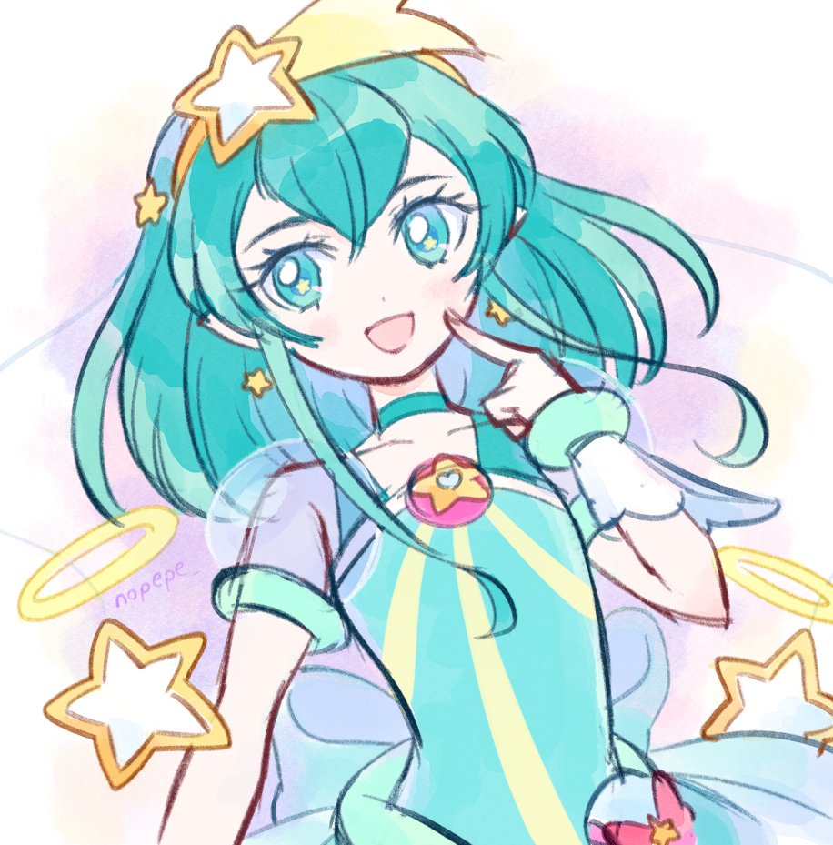 1girl :d aqua_choker aqua_hair artist_name choker covered_collarbone cure_milky hagoromo_lala hand_up index_finger_raised magical_girl nopepe open_mouth pale_skin precure short_hair smile solo star_(symbol) star_in_eye star_twinkle_precure symbol_in_eye twitter_username upper_body