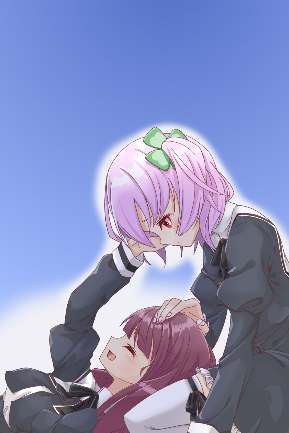2girls :d ^_^ assault_lily black_skirt black_trim blue_background blunt_bangs breasts brown_hair closed_eyes closed_mouth clover commentary_request four-leaf_clover frilled_skirt frills from_side gumoyu hair_between_eyes hand_on_another&#039;s_cheek hand_on_another&#039;s_face hand_on_another&#039;s_head hand_up high-waist_skirt highres hitotsuyanagi_riri juliet_sleeves kaede_johan_nouvel lap_pillow leg_ribbon long_hair long_sleeves looking_at_another looking_down lying medium_breasts multiple_girls neck_ribbon on_back one_side_up open_mouth outside_border pink_hair profile puffy_sleeves red_eyes ribbon school_uniform seiza shirt sitting skirt smile thigh_ribbon thighhighs two-tone_background white_background white_shirt white_thighhighs yurigaoka_girls_academy_school_uniform zettai_ryouiki