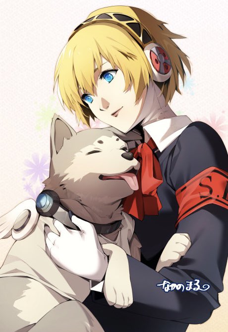 1girl aigis_(persona) android blonde_hair blue_eyes bow closed_mouth commission dog gloves koromaru_(persona) lips nakano_maru persona persona_3 red_bow robot_ears short_hair skeb_commission smile white_gloves wings