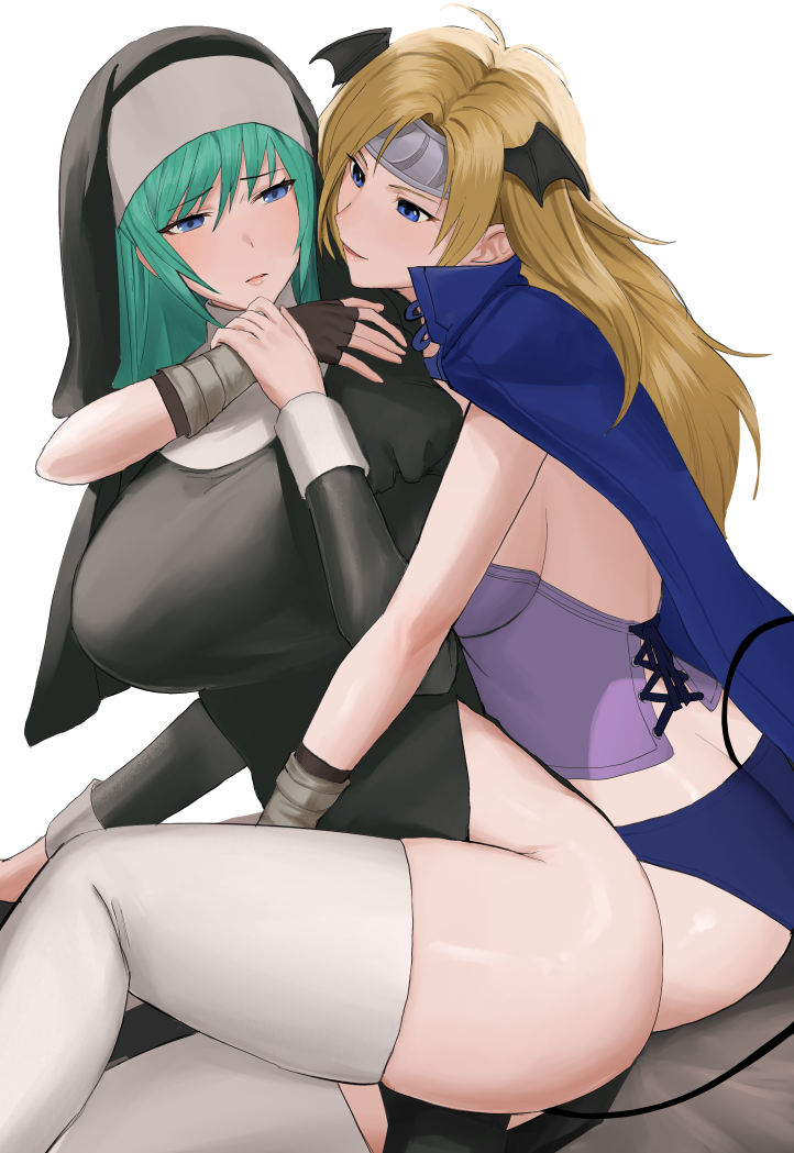2girls alternate_costume ass blonde_hair blue_eyes blue_panties breasts demon_girl fingerless_gloves fire_emblem fire_emblem:_radiant_dawn gloves green_hair heather_(fire_emblem) hug large_breasts long_hair looking_at_another looking_back multiple_girls nephenee_(fire_emblem) nintendo nun oyatsu_0 panties pelvic_curtain sideboob sitting smile tail thighhighs thighs underwear very_long_hair yuri