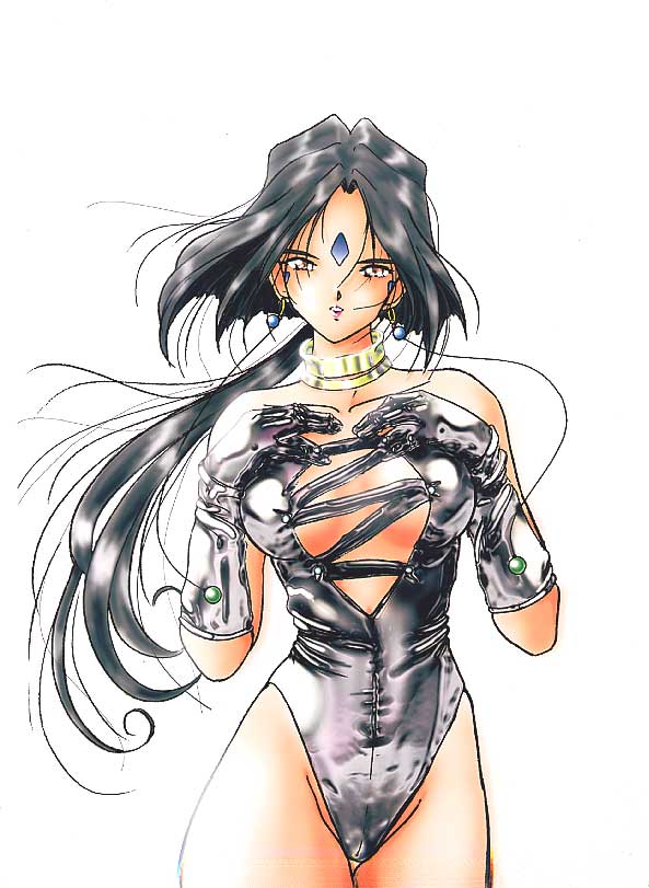 aa_megami-sama earrings elbow_gloves facial_mark forehead_mark gloves jewelry leather leather_gloves leather_leotard necklace peorth_(aa_megami-sama)