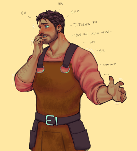 1boy apron bad_source bara beard blush brown_apron brown_hair commission coral_island covering_own_mouth cowboy_shot dark-skinned_male dark_skin english_text facial_hair full_beard hand_over_own_mouth large_pectorals male_focus mature_male muscular muscular_male nervous pectorals rafael_(coral_island) short_hair sleeves_rolled_up solo stutter thick_arm_hair thick_eyebrows thom_sketching