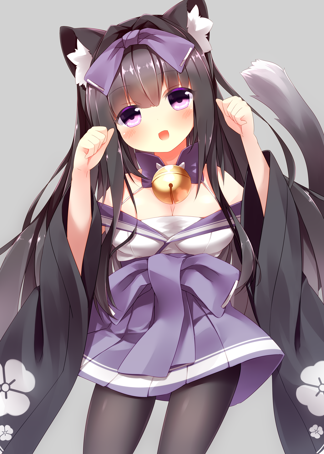 1girl :d akiaki_(mofumo-freak) animal_ear_fluff animal_ears arashio_(azur_lane) azur_lane bell black_hair black_pantyhose blunt_bangs blush bow breasts cat_ears cat_girl cat_tail choker commentary_request cowboy_shot female_focus floral_print grey_background hair_bow hair_intakes highres japanese_clothes jingle_bell kimono large_breasts long_hair long_sleeves looking_at_viewer neck_bell off_shoulder open_mouth pantyhose paw_pose purple_bow purple_choker purple_skirt sidelocks skirt smile solo tail wide_sleeves
