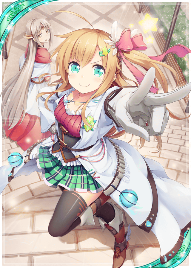 &gt;:) 2girls akkijin alchemist alchemist_(shinkai_no_valkyrie) boots brown_hair card card_(medium) dress flower gloves grey_hair hair_ornament hair_ribbon lab_coat multiple_girls oracle_(shinkai_no_valkyrie) red_dress red_ribbon ribbon shinkai_no_valkyrie smile star_(symbol) thighhighs tiara v-shaped_eyebrows white_gloves yellow_eyes