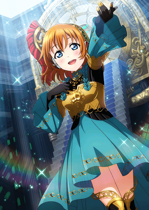 1girl :d armor blue_eyes breastplate cosplay dress gloves greaves hand_on_own_chest headset kosaka_honoka light_rays love_live! love_live!_school_idol_festival love_live!_school_idol_project official_alternate_costume official_art open_mouth orange_hair outstretched_arm palladion palladion_(cosplay) persona persona_3 plume smile stairs tartarus
