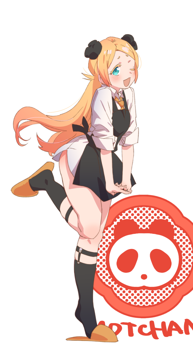 1girl apron aqua_eyes borrowed_character female_focus hair_ornament highres interlocked_fingers long_hair naked_shirt one_eye_closed open_mouth original pine_(pine-box) shirt slippers smile solo solo_focus standing standing_on_one_leg v_arms very_long_hair
