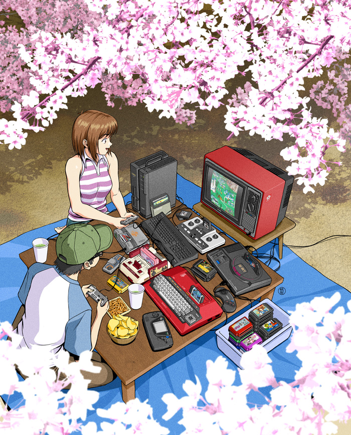 1girl annotation_request baseball_cap black_hair box brown_hair cherry_blossoms chips_(food) commentary controller crt cup disposable_cup english_commentary famicom food from_above game_cartridge game_console game_controller gamepad gradius hanami handheld_game_console hat hitbit jose_salot computer_keyboard msx original outdoors partially_annotated pc_engine playing_games potato_chips raglan_sleeves sega_mega_drive sharp_corporation short_hair sleeveless sony sony_hitbit table tagme television x68000