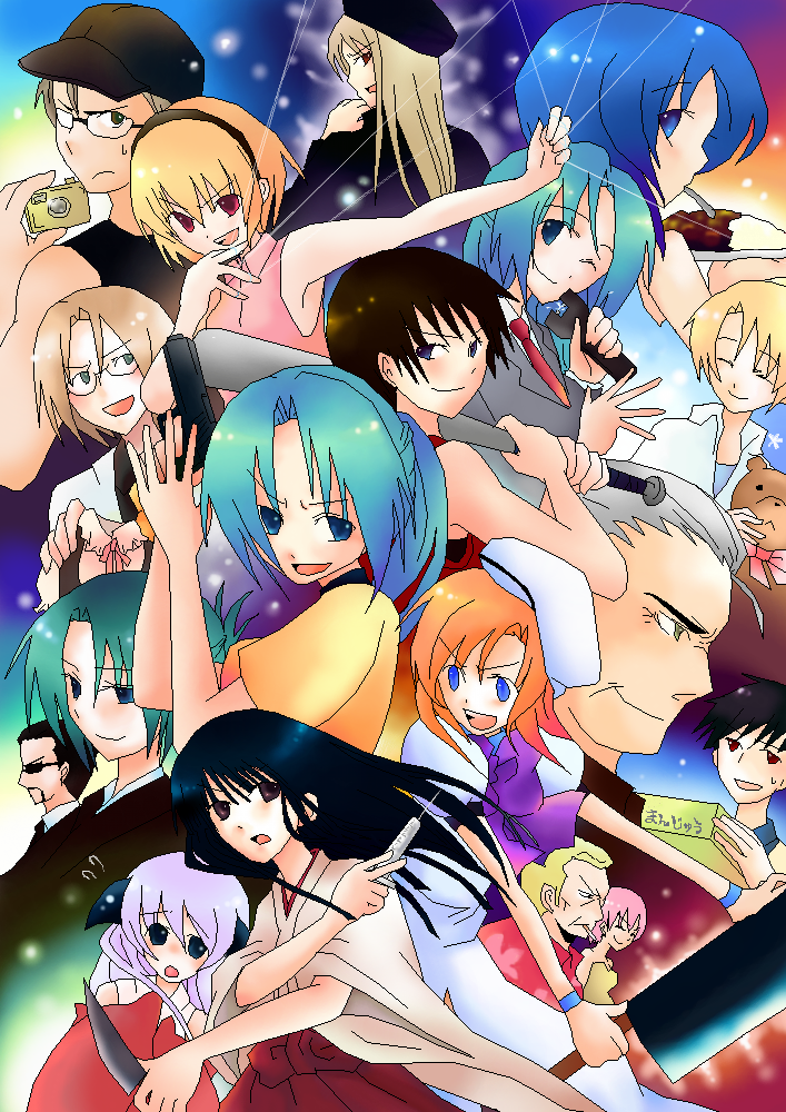 00s 6+boys 6+girls akasaka_mamoru baseball_bat billhook blonde_hair chie_rumiko curry dress electricity electroshock_weapon energy everyone food furude_rika gun hairband hanyuu hatchet higurashi_no_naku_koro_ni houjou_satoko houjou_satoshi houjou_teppei irie_kyousuke japanese_clothes kasai_tatsuyoshi knife less-than-lethal_weapon maebara_keiichi mamiya_rina miko multiple_boys multiple_girls nata_(tool) ooishi_kuraudo rina_mamiya ryuuguu_rena siblings sisters sonozaki_akane sonozaki_ayane sonozaki_mion sonozaki_shion stun_gun syringe takano_miyo tomitake_jirou twins weapon