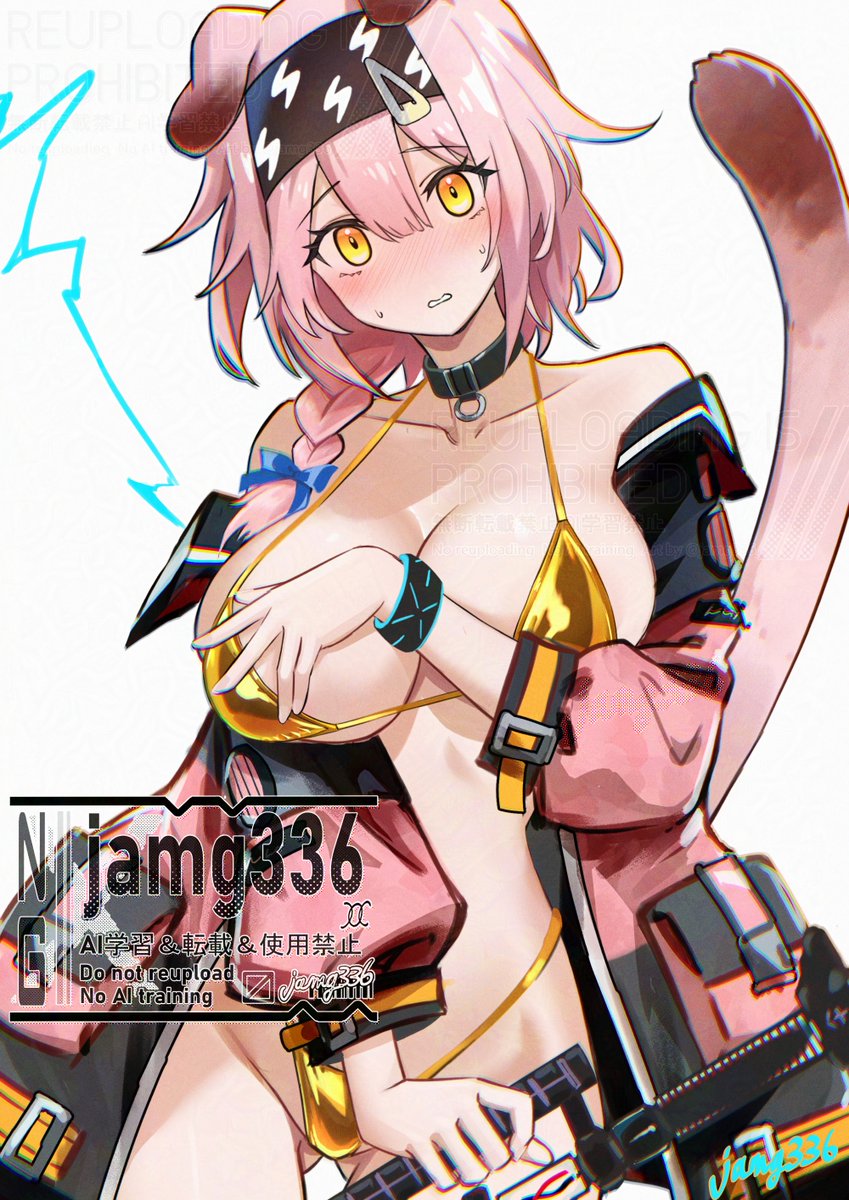1girl animal_ears arknights artist_name belt_collar bikini black_coat blunt_bangs blush braid breasts cat_ears cat_girl cat_tail coat collar collarbone commentary_request covering_breasts covering_privates gluteal_fold gold_bikini goldenglow_(arknights) highres infection_monitor_(arknights) jamg336 large_breasts looking_at_viewer medium_hair pink_hair simple_background single_braid solo swimsuit tail white_background yellow_eyes