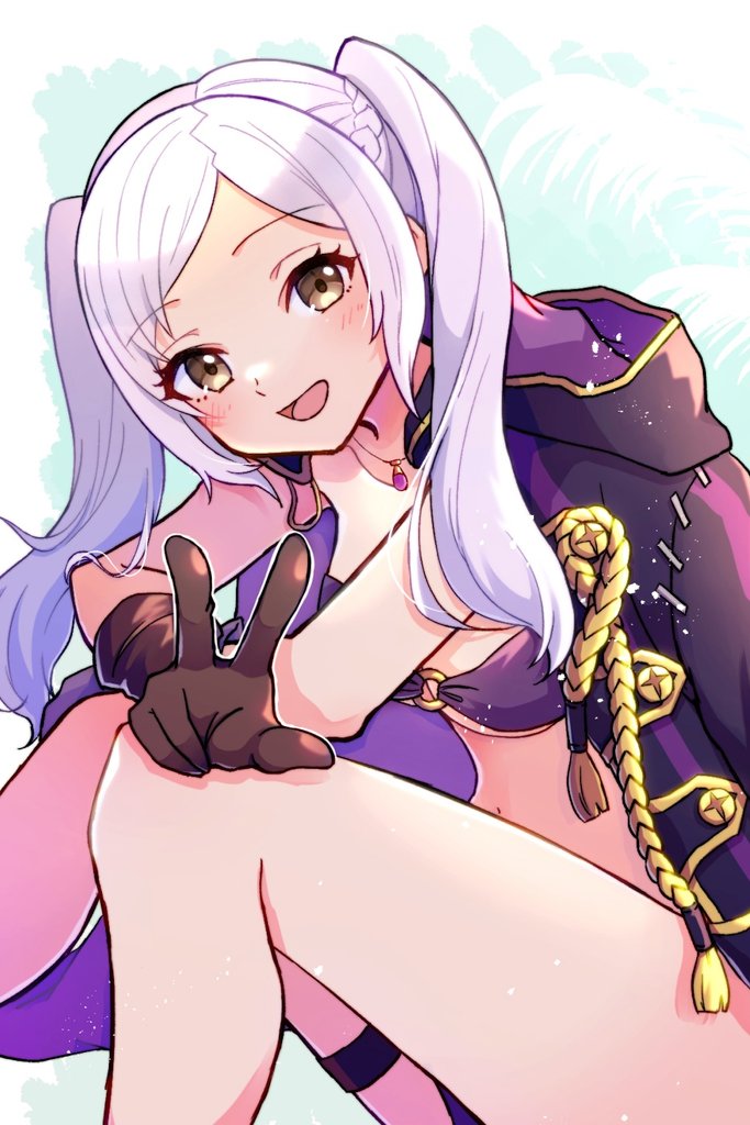 1girl :d bikini breasts brown_gloves brown_hair female_robin_(fire_emblem) fire_emblem fire_emblem_awakening fire_emblem_heroes gloves gogatsu_(yeaholiday) jacket jacket_on_shoulders jewelry long_hair looking_at_viewer medium_breasts necklace nintendo o-ring o-ring_bikini official_alternate_costume open_mouth parted_bangs purple_bikini female_robin_(seaside_tactician)_(fire_emblem) smile solo swimsuit thigh_strap twintails w white_hair