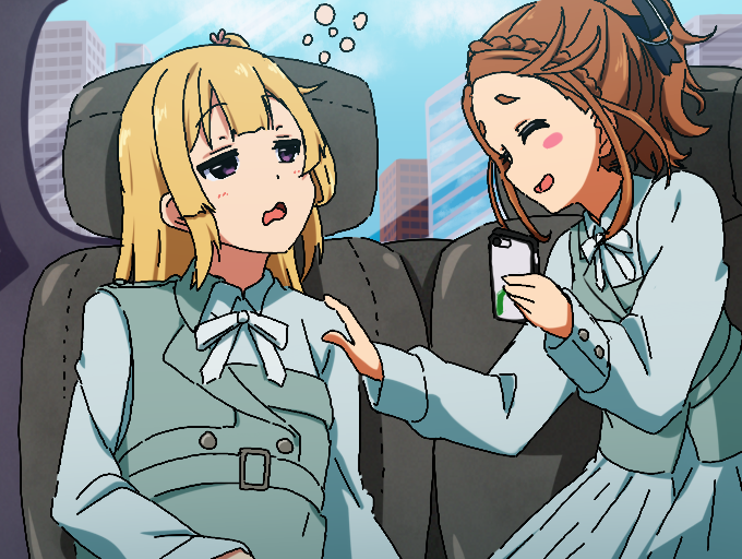 22/7 2girls ^_^ black_ribbon blonde_hair blue_bow blue_bowtie blue_dress blush_stickers bow bowtie braid brown_hair car_interior cellphone closed_eyes dress eye_contact fujima_sakura hair_ribbon hair_rings half-closed_eyes hand_on_another&#039;s_shoulder high_ponytail holding holding_phone igashiko kono_miyako long_hair long_sleeves looking_at_another multiple_girls oekaki one_side_up open_mouth phone pleated_dress ponytail purple_eyes ribbon single_braid single_hair_ring sitting sleepy smartphone squeans wavy_mouth window