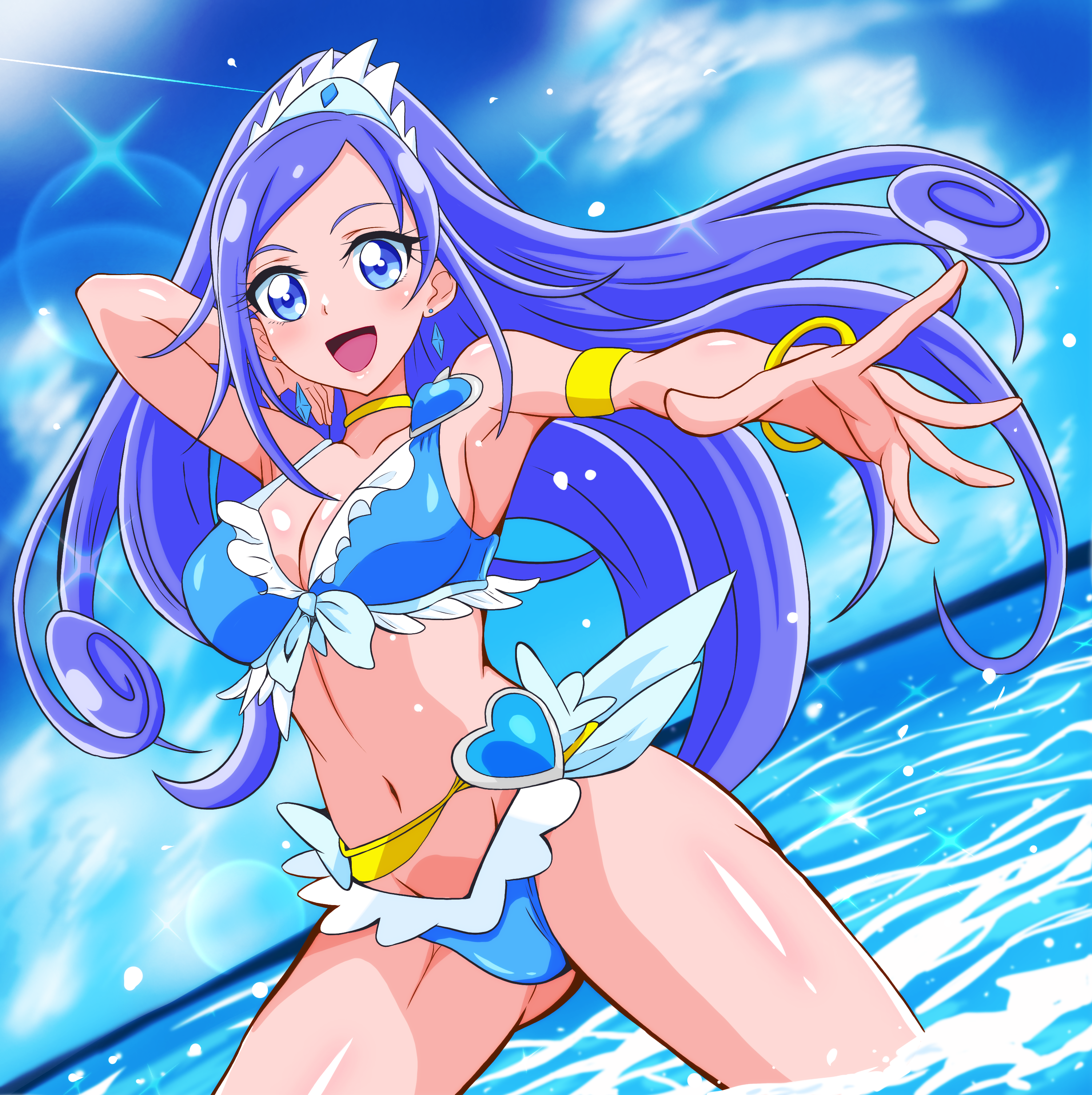 1girl absurdres adapted_costume beach bikini blue_bikini blue_eyes blue_hair blue_sky breasts cleavage cloud cure_diamond day dokidoki!_precure feet_out_of_frame frilled_bikini frills highres hishikawa_rikka horizon long_hair magical_girl manga_sakuga_(precure) medium_breasts ocean outdoors precure sky solo standing swimsuit wading water