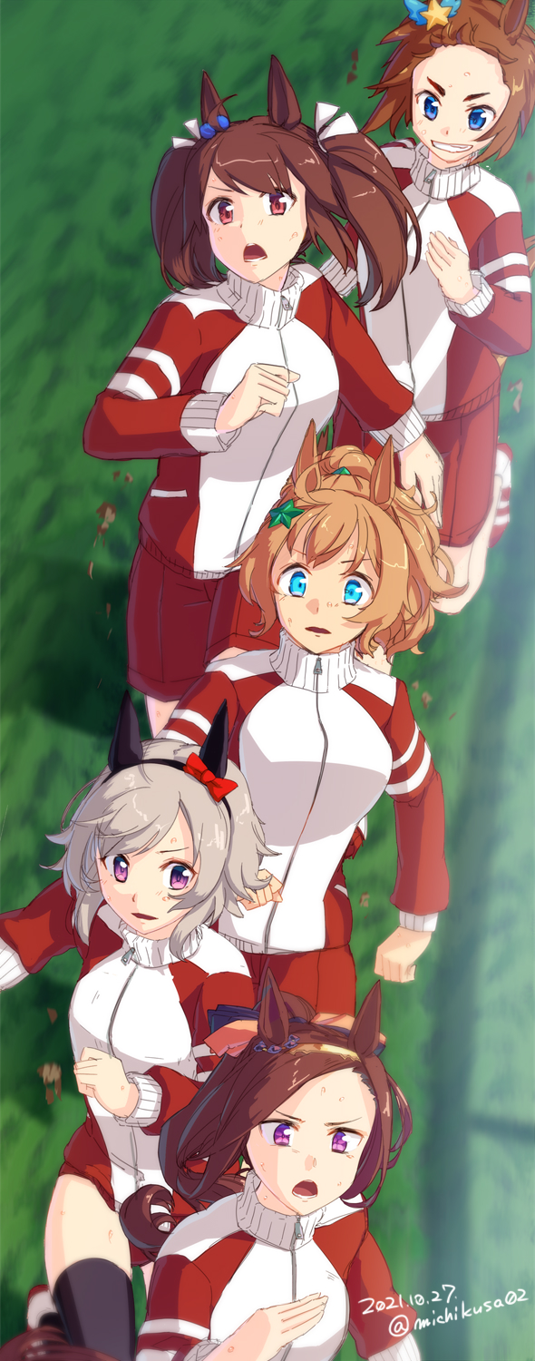5girls animal_ears black_thighhighs blonde_hair blue_eyes breasts brown_hair character_request curren_chan_(umamusume) ear_covers forehead grey_hair high_ponytail highres hishi_akebono_(umamusume) horse_ears horse_girl horse_tail jacket multiple_girls ponytail purple_eyes red_eyes red_jacket red_shorts running sakura_bakushin_o_(umamusume) shorts sweat taiki_shuttle_(umamusume) tail takuzui thighhighs thighs two_side_up umamusume
