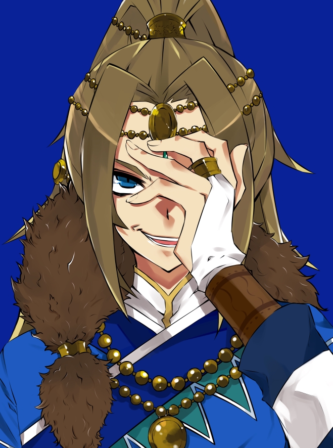 1boy ari1045 bad_id bad_pixiv_id blue_(saga_frontier) blue_eyes brown_hair code_geass commentary_request hair_ornament jewelry long_hair male_focus necklace ponytail saga saga_frontier solo