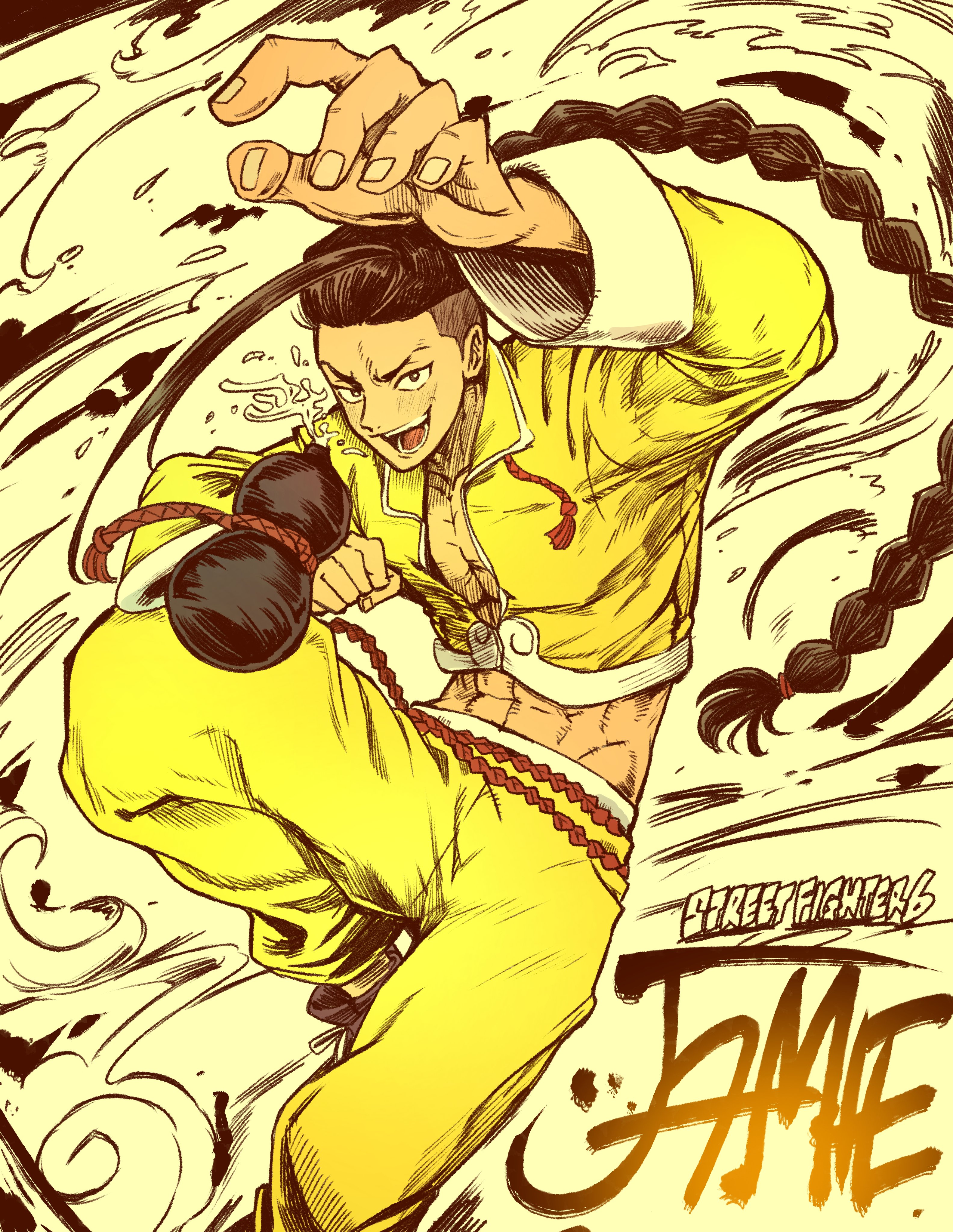 1boy absurdres black_hair braid character_name commentary_request copyright_name drunken_fist dynamic_pose gourd highres holding holding_gourd igawa20000volt jacket jamie_siu jewelry long_hair male_focus midriff muscular muscular_male pants rope_belt single_bang single_braid solo street_fighter street_fighter_6 teeth yellow_pants yellow_rope