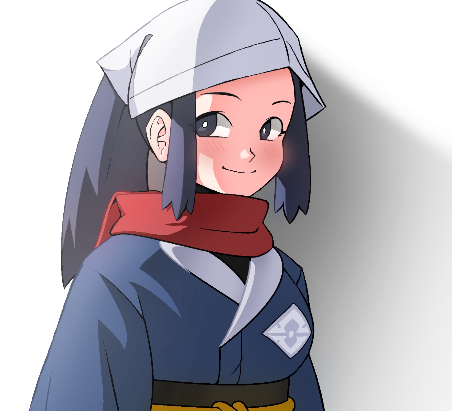 1girl akari_(pokemon) black_hair black_sash blush bright_pupils closed_mouth commentary_request grey_eyes grey_jacket headscarf heydove highres jacket korean_commentary long_hair looking_to_the_side nintendo pokemon pokemon_legends:_arceus ponytail red_scarf sash scarf sidelocks smile solo upper_body white_headscarf white_headwear white_pupils