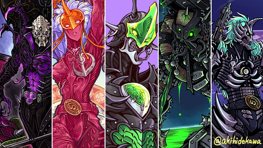 1girl 4boys akihidekawa_kobaya blood elephant_undead green_blood green_eyes joker_(blade) kaijin kamen_rider kamen_rider_blade_(series) monster multicolored_hair multiple_boys no_humans orchid_undead tokusatsu two-tone_hair wolf_undead