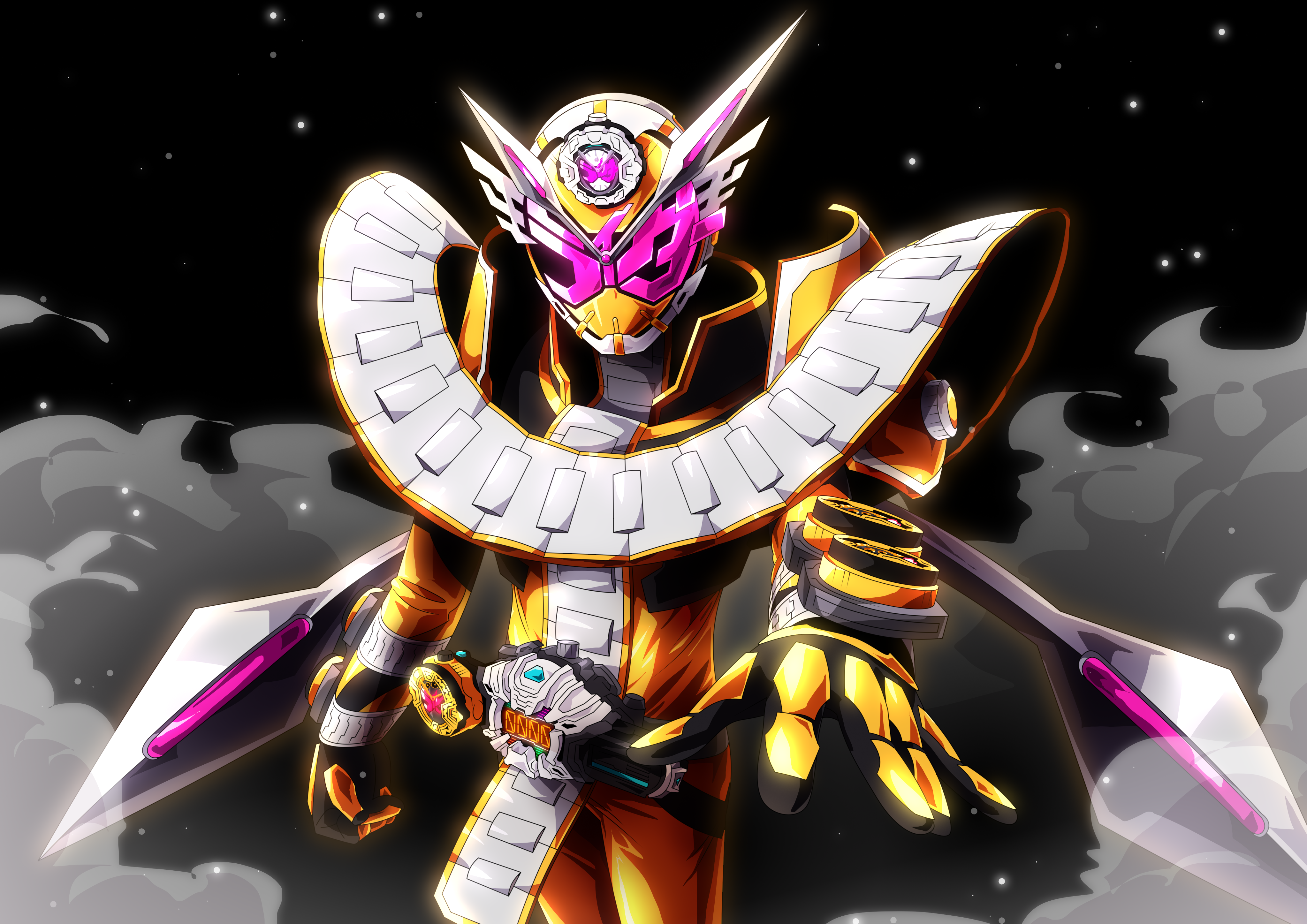 1boy absurdres alternate_costume armor bodysuit boots clenched_hand clock_hands cowboy_shot future gold_trim highres kamen_rider kamen_rider_zi-o kamen_rider_zi-o_(series) kamen_rider_zi-o_ouma kamen_rider_zi-o_the_movie:over_quartzer katakana loincloth male_focus official_alternate_costume open_hand otokamu ouma_zi-o_rider_watch pink_eyes rider_watch shoulder_armor sword tokiwa_sougo tokusatsu vambraces weapon ziku_driver
