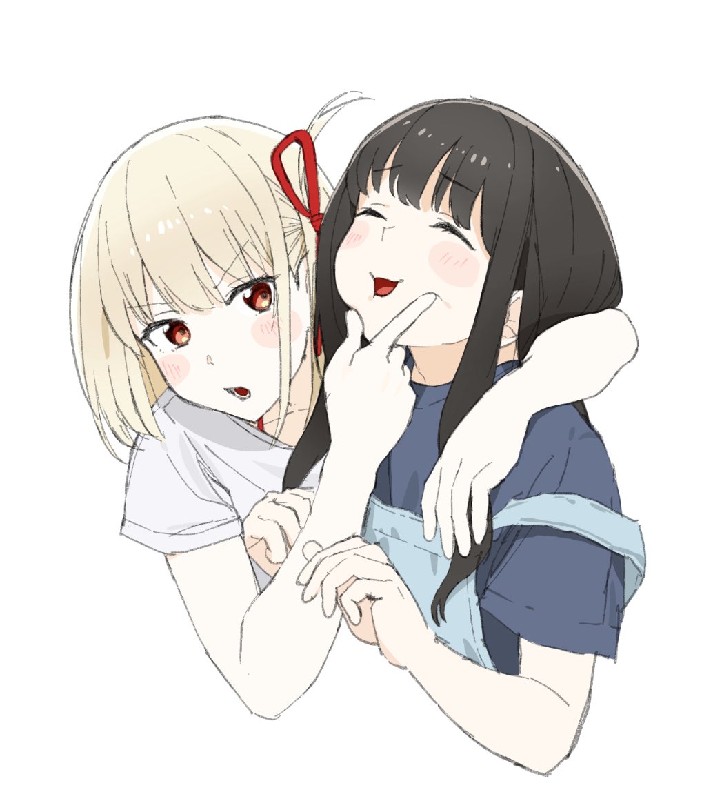 2girls alternate_costume arm_on_another&#039;s_shoulder black_hair blonde_hair blue_overalls blush bob_cut cheek_poking closed_eyes hair_ribbon inoue_takina laughing long_hair lycoris_recoil multiple_girls nishikigi_chisato oekakikujira official_alternate_costume open_mouth overalls poking raised_eyebrows red_eyes red_ribbon ribbon shirt smile white_shirt