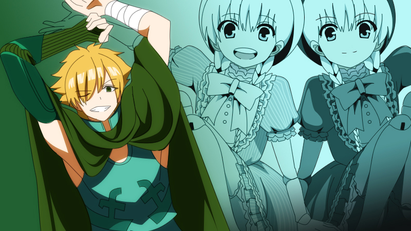 10s 1boy 2girls alice_(fate) bad_id bad_pixiv_id braid brown_hair cape cloak dress fate/extra fate_(series) green_eyes hair_over_one_eye hat magi_the_labyrinth_of_magic multiple_girls nursery_rhyme_(fate) nursery_rhyme_(fate/grand_order) orange_hair parody projected_inset robin_hood_(fate) style_parody yakitori_(oni)