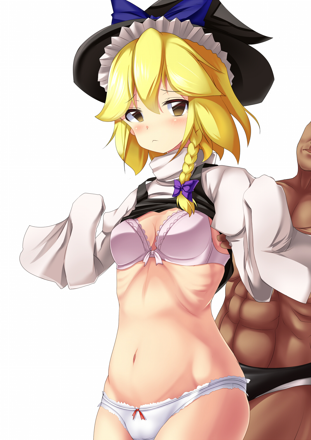1boy 1girl :&lt; alternate_eye_color black_headwear black_vest blonde_hair blue_bow blush bow bra braid breasts brown_eyes cameltoe closed_mouth clothes_lift commentary_request cookie_(touhou) cowboy_shot dark-skinned_male dark_skin hair_bow hat hat_bow highres kirisame_marisa long_sleeves looking_at_viewer medium_breasts medium_hair navel panties pink_bra purple_bow ribs shirt shirt_lift side_braid simple_background single_braid sleeves_past_fingers sleeves_past_wrists szk touhou turtleneck underwear vest vest_lift white_background white_panties white_shirt yuuhi_(cookie)