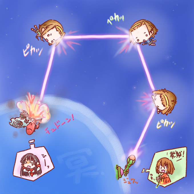 1970s_(style) 6+girls akiyama_mio alien battle cannon chibi deflect earth-to-space_weapon energy energy_beam explosion firing forehead gamilas hirasawa_yui k-on! kodai_susumu laser lens_flare multiple_girls oldschool orbit orbital_weaponry parody planet pluto_(planet) reflected_energy reflected_light retro_artstyle ricochet ricocheting sakaguchi_misaki satellite satellite_cannon science_fiction shultz space space_weapon spacecraft tainaka_ritsu tears translated uchuu_senkan_yamato uchuu_senkan_yamato_2199 yamato_(uchuu_senkan_yamato)