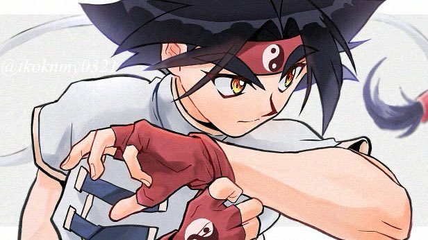 1boy bakuten_shoot_beyblade beyblade black_hair chinese_clothes fingerless_gloves gloves grey_background headband kon_rei long_hair male_focus red_gloves red_headband shirt solo tkoknmy0321 twitter_username upper_body white_shirt yin_yang yin_yang_print
