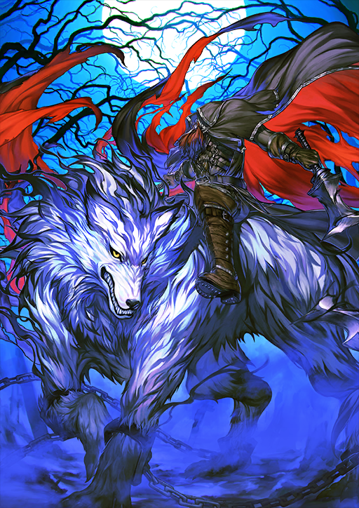 1boy animal animal_focus ascot bare_tree belt black_belt black_cape black_jacket blue_background blue_sky boots brown_boots brown_gloves cape chain collared_cape cuffs fate/grand_order fate_(series) fog full_body full_moon gloves headless hessian_(fate) holding holding_sickle holding_weapon horseback_riding jacket lobo_(fate) long_sleeves looking_at_viewer male_focus moon night official_art on_animal outstretched_arms oversized_animal red_ascot red_cape riding shackles sharp_teeth simosi sitting sitting_on_animal sky solo teeth third-party_source torn_cape torn_clothes tree two-sided_cape two-sided_fabric variant_set waist_cape weapon wing_collar wolf yellow_eyes