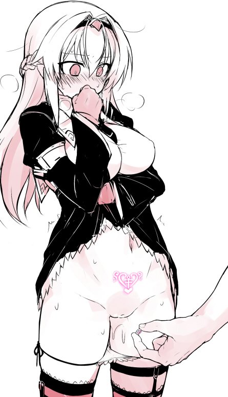 1girl between_breasts blush braid breasts cleft_of_venus clitoris_piercing clitoris_ring clothes_lift cowboy_shot dress dress_lift gloves glowing_tattoo heart heart_tattoo jewelry large_breasts lilia_(null) limited_palette long_hair male_hand medium_breasts monochrome navel necktie necktie_between_breasts nose_blush null_(nyanpyoun) original panties panty_pull piercing pill pubic_tattoo pussy pussy_juice pussy_piercing ring side-tie_panties simple_background solo_focus standing striped_clothes striped_thighhighs sweat tattoo thighhighs uncensored underwear vaginal_jewelry white_background