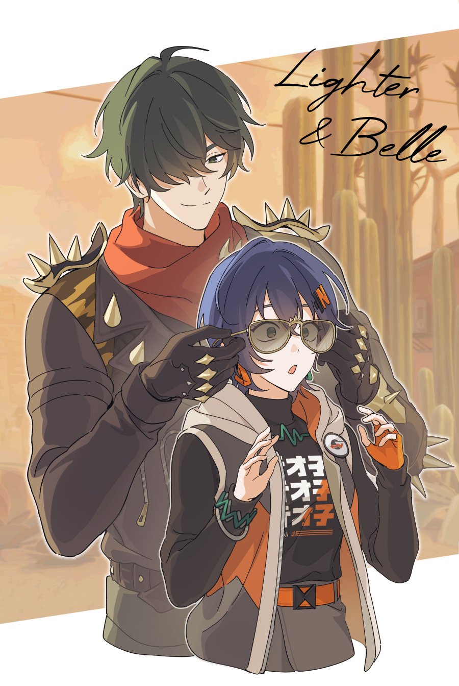 1boy 1girl angduuuu_(ghost) belle_(zenless_zone_zero) black_gloves black_hair black_jacket blue_hair cactus character_name closed_mouth clothes_writing cropped_legs earrings gloves green_hair hair_between_eyes hair_ornament hair_over_one_eye hashtag-only_commentary hetero highres jacket jewelry lighter_(zenless_zone_zero) long_sleeves open_mouth red_scarf scarf short_hair spiked_jacket sunglasses zenless_zone_zero