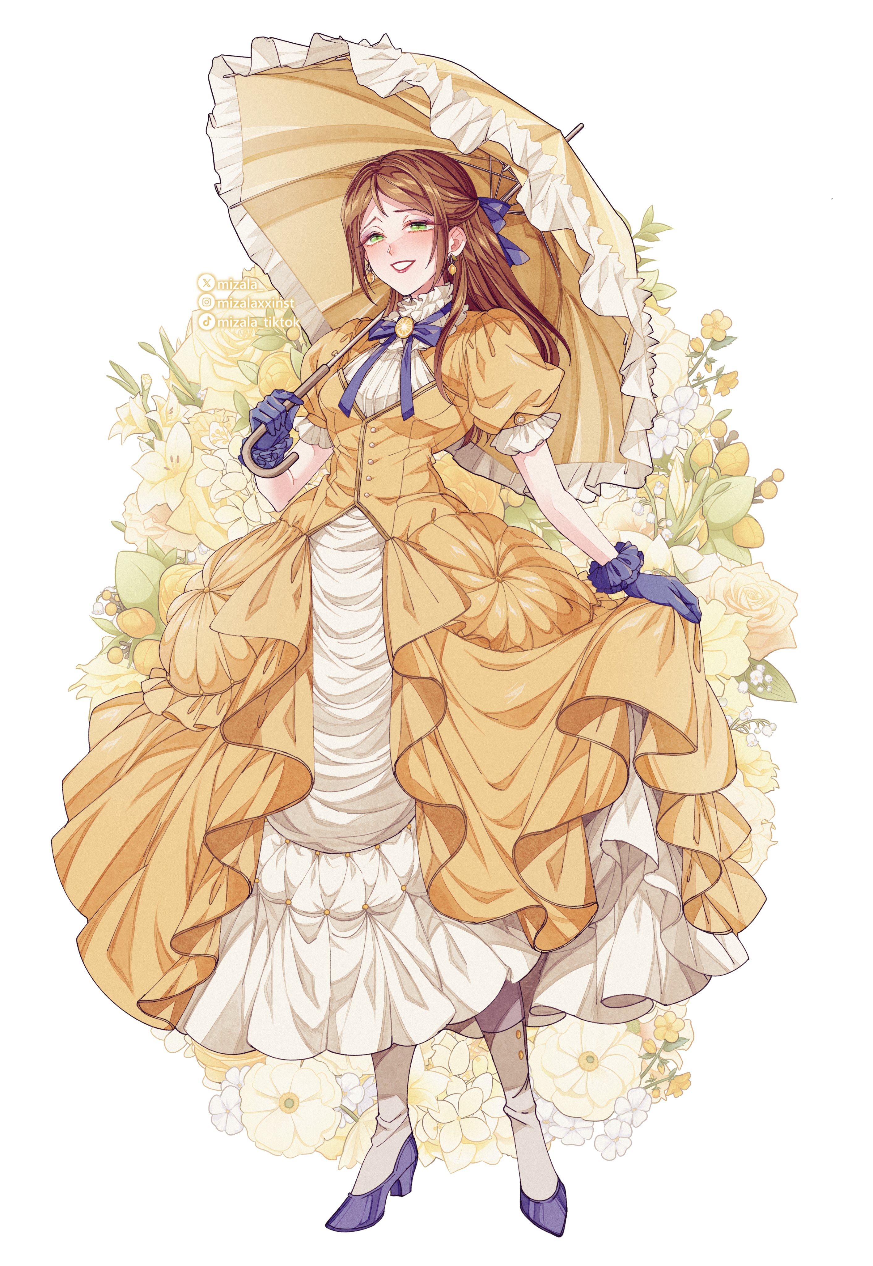 1girl absurdres aladdin_(movie) blue_eyes brown_hair dress flower_braid full_body gloves highres jane_porter jewelry long_hair looking_at_viewer makeup mizala simple_background smile tarzan yellow_dress