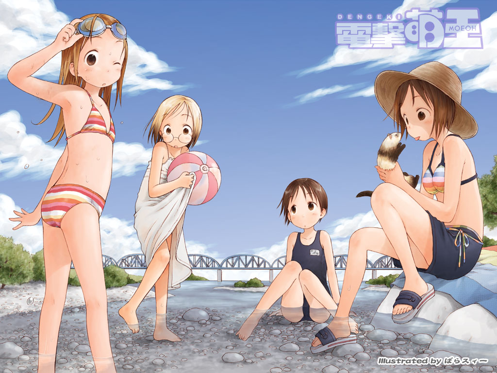 4girls ball barasui barefoot beachball bikini child day dengeki_moeoh everyone feet ferret ichigo_mashimaro itou_chika itou_nobue john matsuoka_miu multiple_girls one-piece_swimsuit sakuragi_matsuri school_swimsuit striped_bikini striped_clothes swimsuit tongue