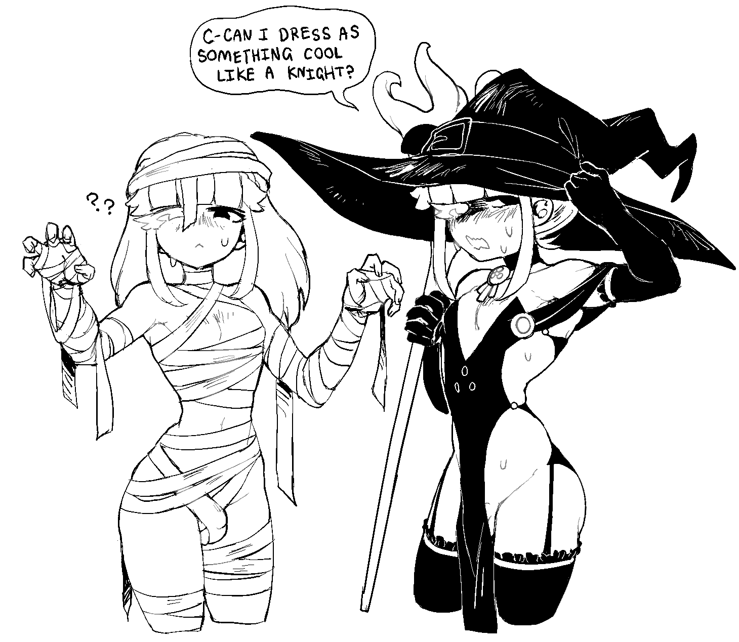 2boys ? ?? androgynous bandages crossdressing demi_(dizzyspells) dizzyspells english_text garter_straps halloween hat heterochromia highres medium_hair multiple_boys mummy mummy_costume penis penis_peek thighhighs witch_hat