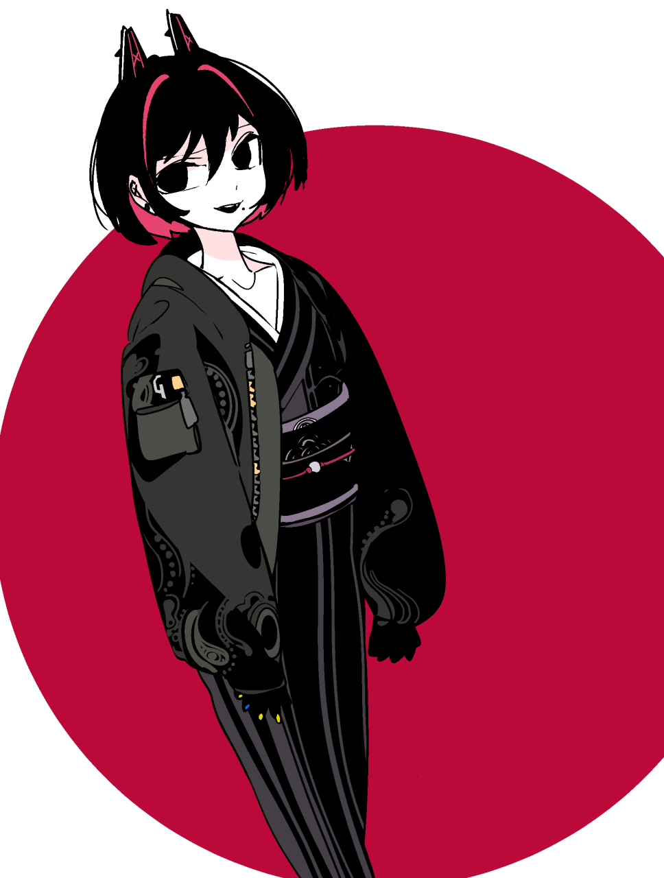 1girl animal_ears black_eyes black_hair black_kimono black_sash blue_nails cat_ears colored_skin fingernails grey_jacket highres idkuroi jacket japanese_clothes kimono kokubunji_suou long_sleeves looking_at_viewer mechanical_ears medium_hair mole mole_under_mouth multicolored_hair multicolored_nails nail_polish obi open_clothes open_jacket original sash smile solo streaked_hair white_skin yellow_nails