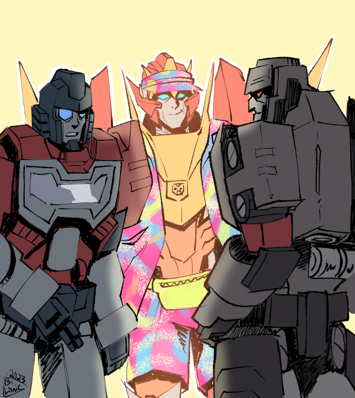 autobot barbenheimer_(meme) barbie_(franchise) barbie_(live_action) bilonic blue_eyes clothed_robot commentary cosplay decepticon english_commentary fanny_pack ken_(barbie) ken_(barbie)_(cosplay) looking_at_viewer mecha megatron megatron_(idw) meme open_clothes open_shirt oppenheimer_(movie) parted_lips perceptor_(transformers) pink_shirt pink_shorts red_eyes robot rodimus shirt shorts smile the_transformers_(idw) transformers visor_cap yellow_background
