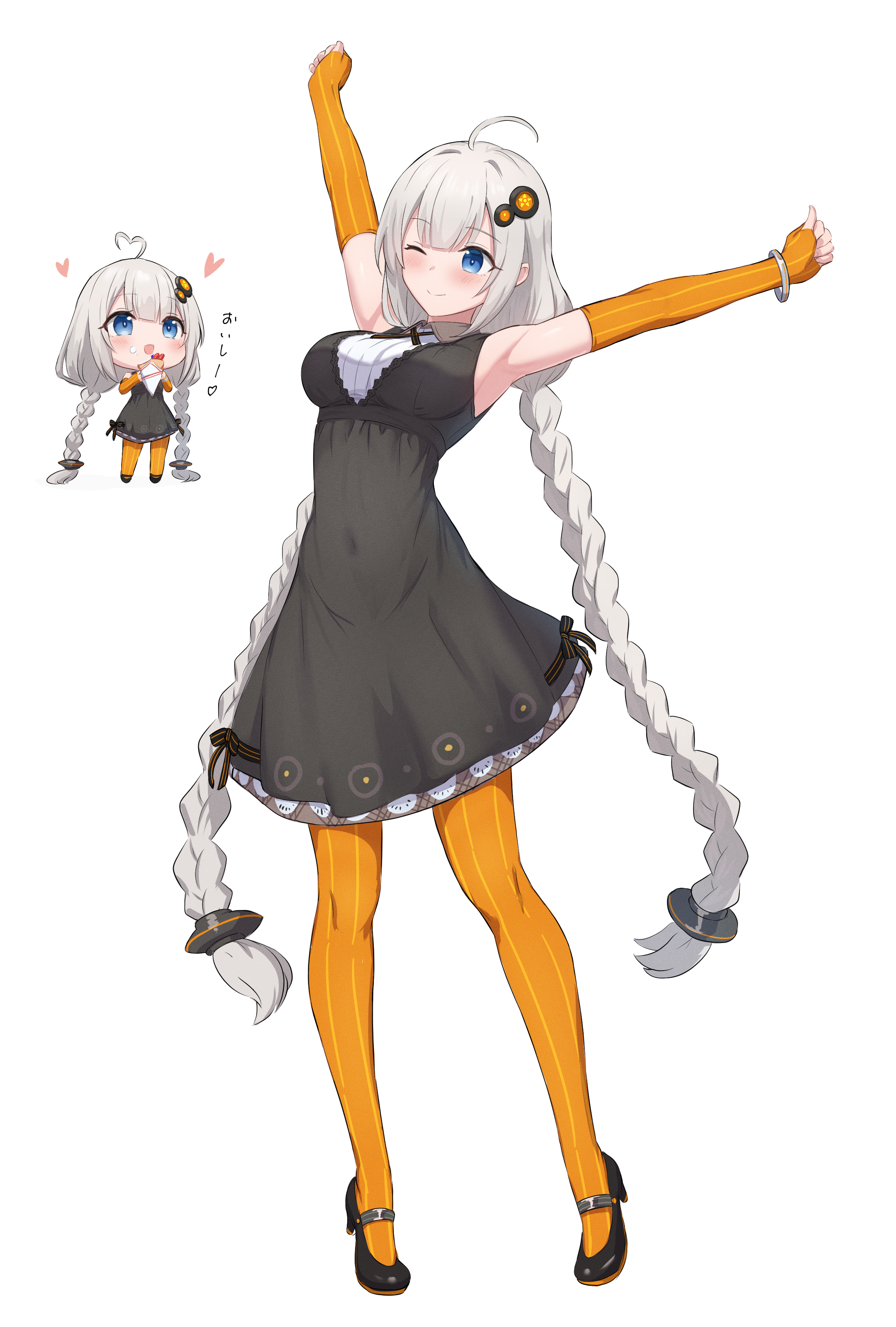 1girl absurdres ahoge armpits blue_eyes braid breasts chibi chibi_inset covered_navel crepe elbow_gloves fingerless_gloves food gloves highres holding holding_crepe holding_food kizuna_akari large_breasts long_hair one_eye_closed ruttse sleeveless stretching translated twin_braids very_long_hair voiceroid white_background