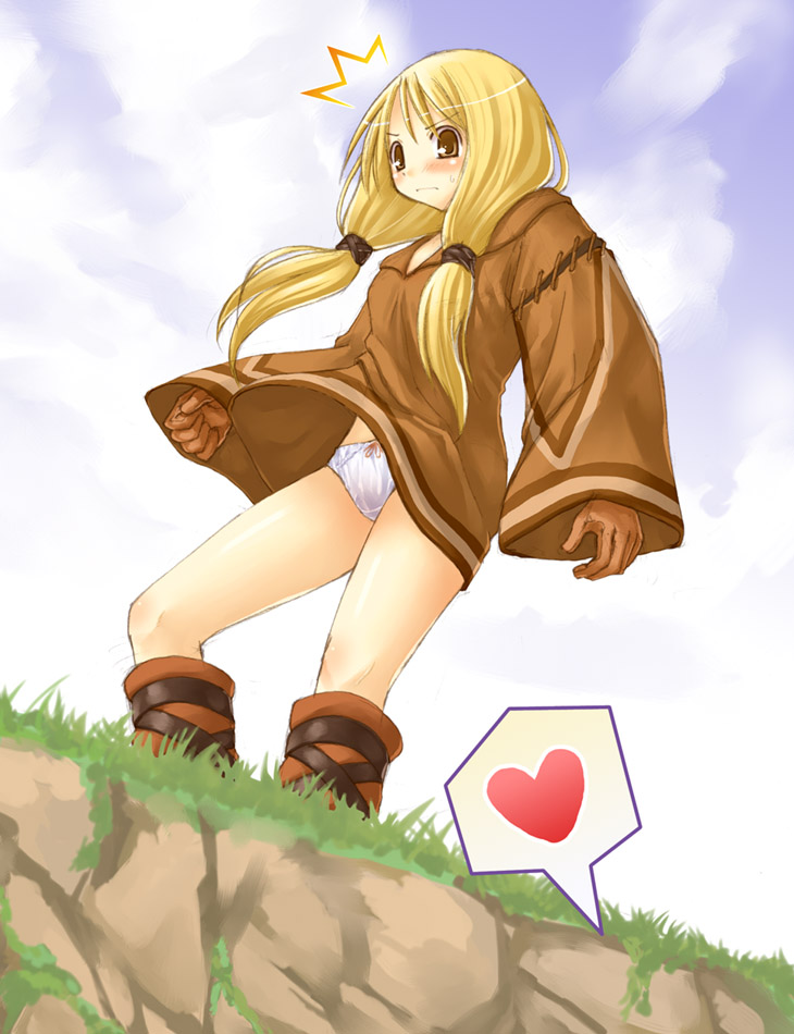 1girl blush female_focus final_fantasy final_fantasy_tactics geomancer geomancer_(fft) heart kasuga_yukihito nature outdoors panties sky solo surprised twintails underwear
